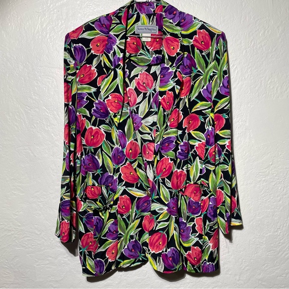 VTG Norton McNaughton Blazer Women Open Front tulip Floral Jacket Shoulder Pad - Picture 7 of 9